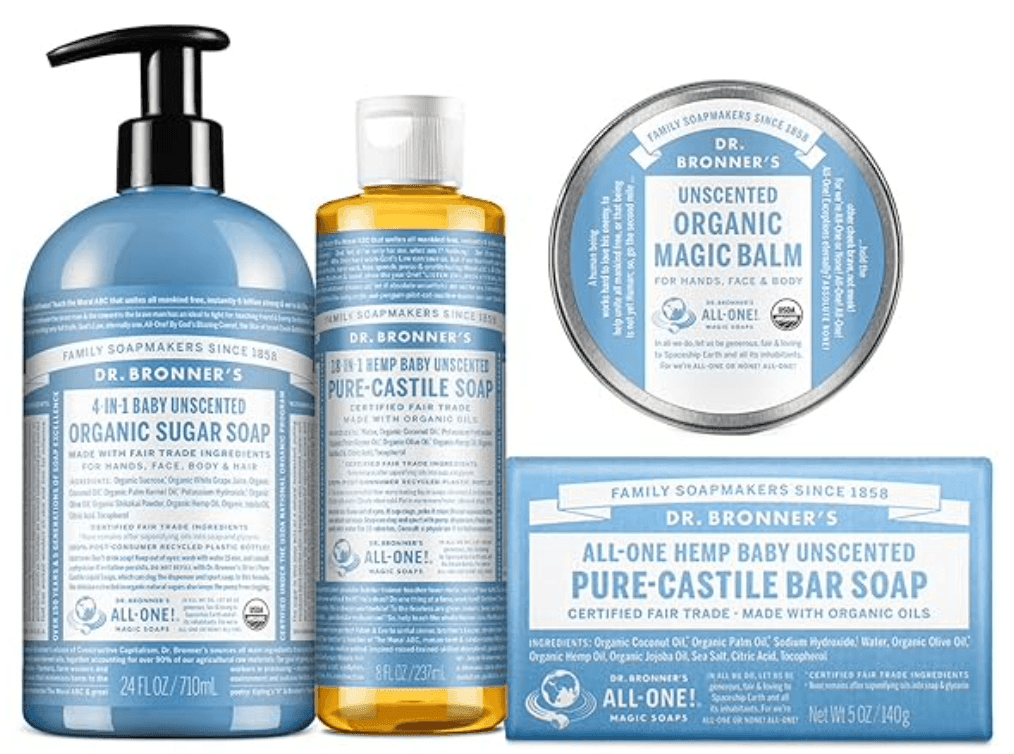 Dr. Bronner's Baby Unscented Gift Set - Pure-Castile Liquid and Bar Soaps, Organic Magic Balm, and 4-in-1 Organic Sugar Pump Soap